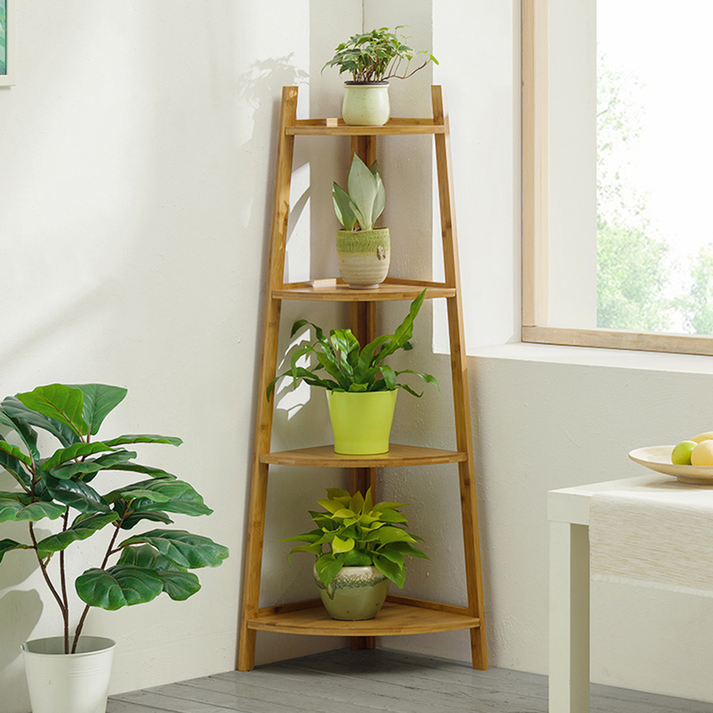 Living and Home Natural 4 Tier Corner Ladder Shelf for Plant Image 4