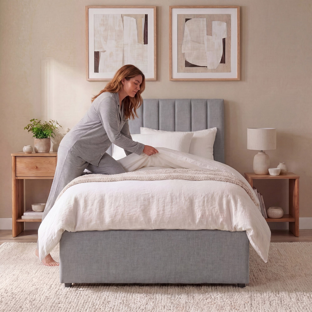 VIDA DESIGNS Vellaro Single Light Grey Linen Fabric Ottoman Bed with Headboard and Mattress Image 4