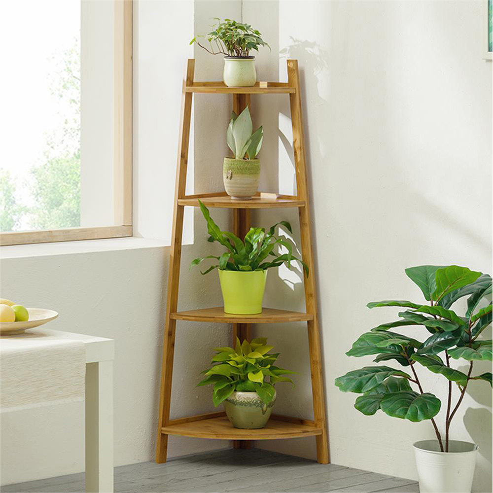 Living and Home Natural 4 Tier Corner Ladder Shelf for Plant Image 2