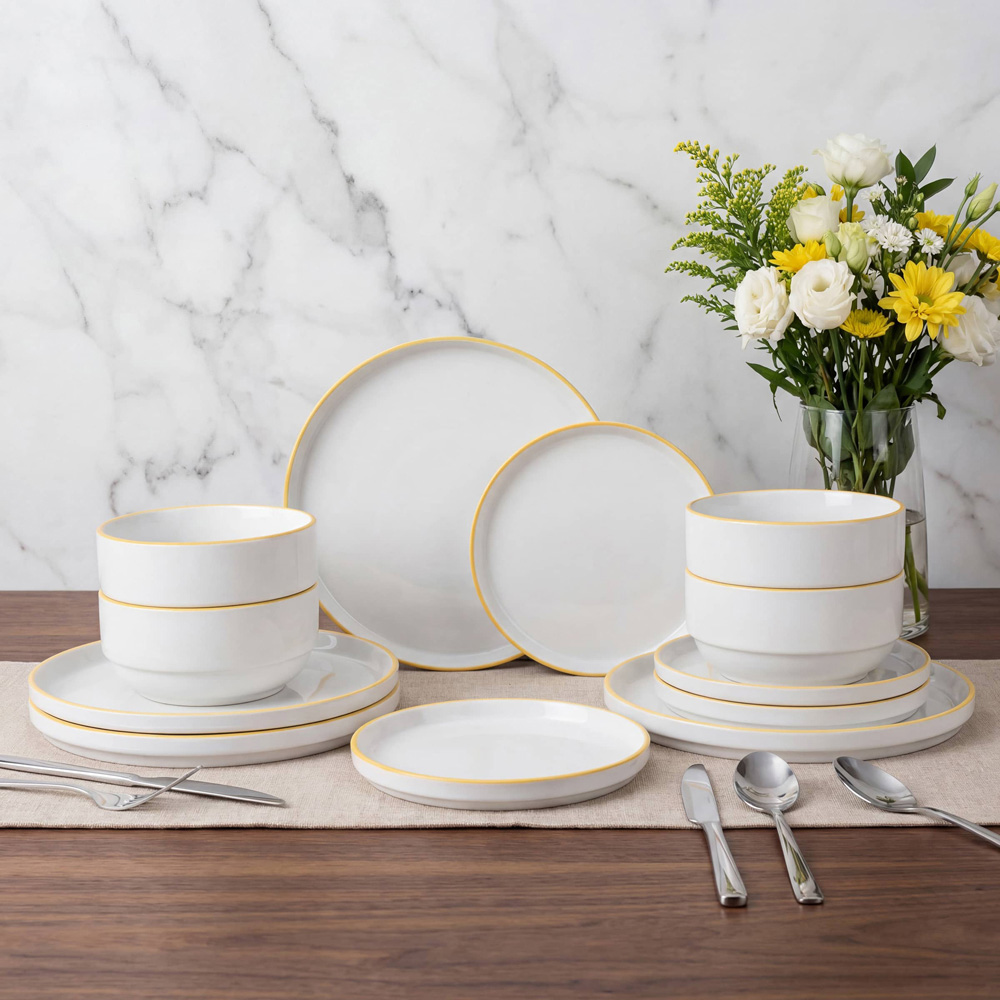 Waterside Yellow Rim White Stackable 12 Piece Dinner Set Image 2