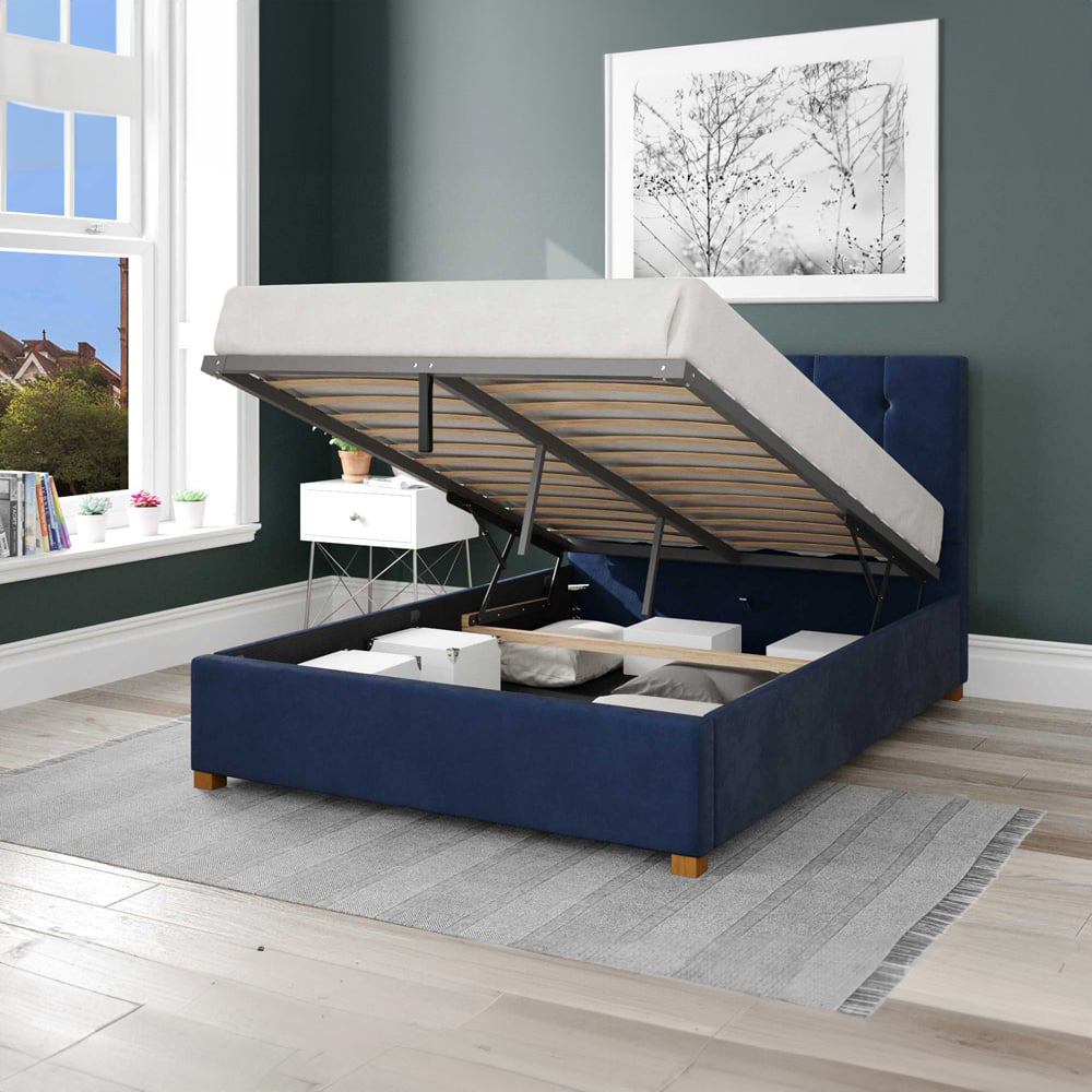 Aspire Hepburn Small Double Navy Plush Velvet Ottoman Bed Image 2