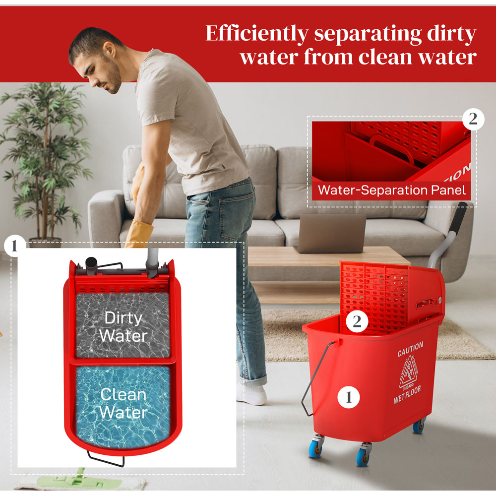 HOMCOM Red Wringer Handle Mop and Bucket Set on Wheels 20L Image 5