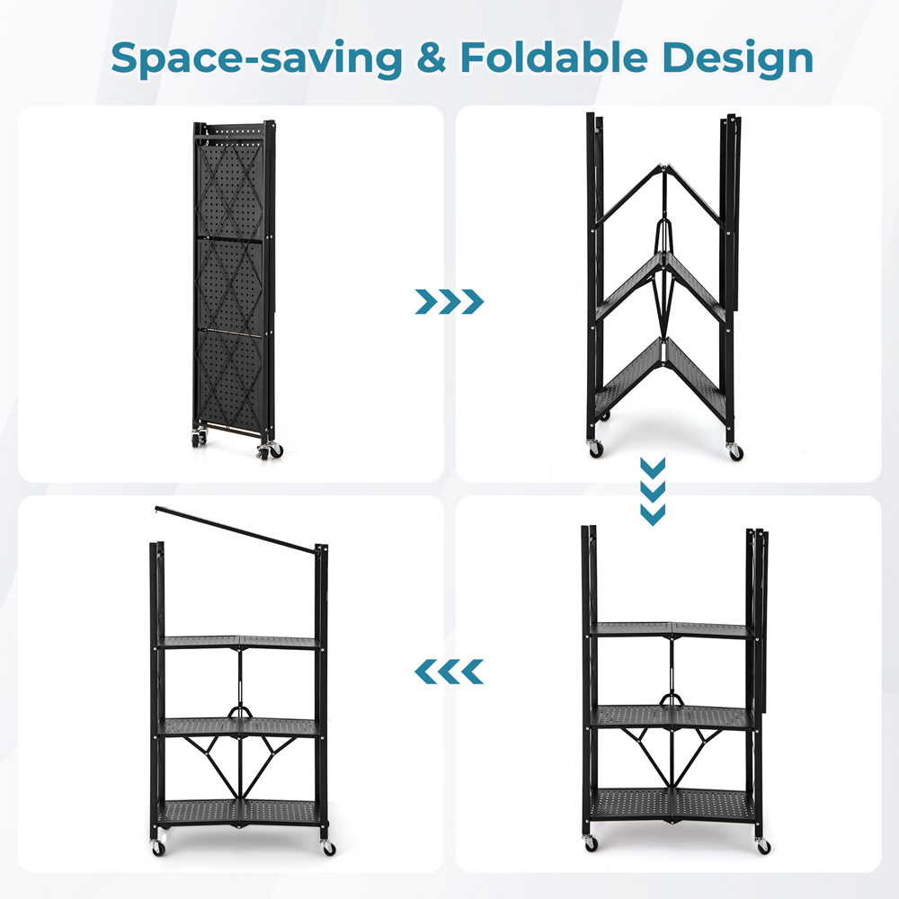 Costway 3 Shelf Black Metal Foldable Collapsible Storage Rack with Lockable Wheels Image 6