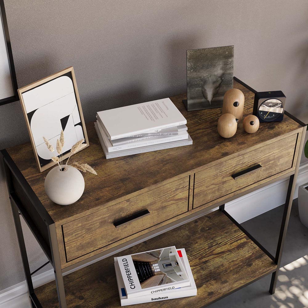 Home Vida Brooklyn 2 Drawer Dark Wood Industrial Console Table Image 3