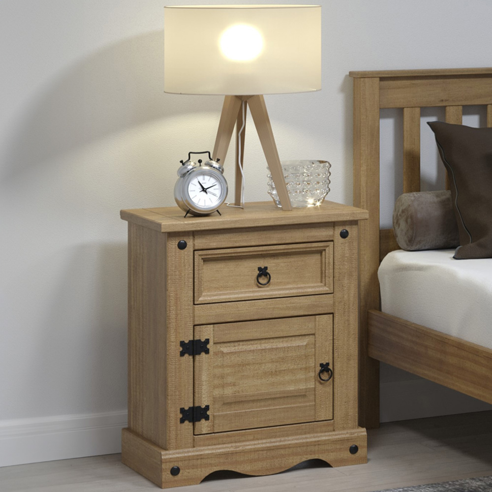 Core Products Corona Single Door Single Drawer Antique Pine Bedside Cabinet Image 1