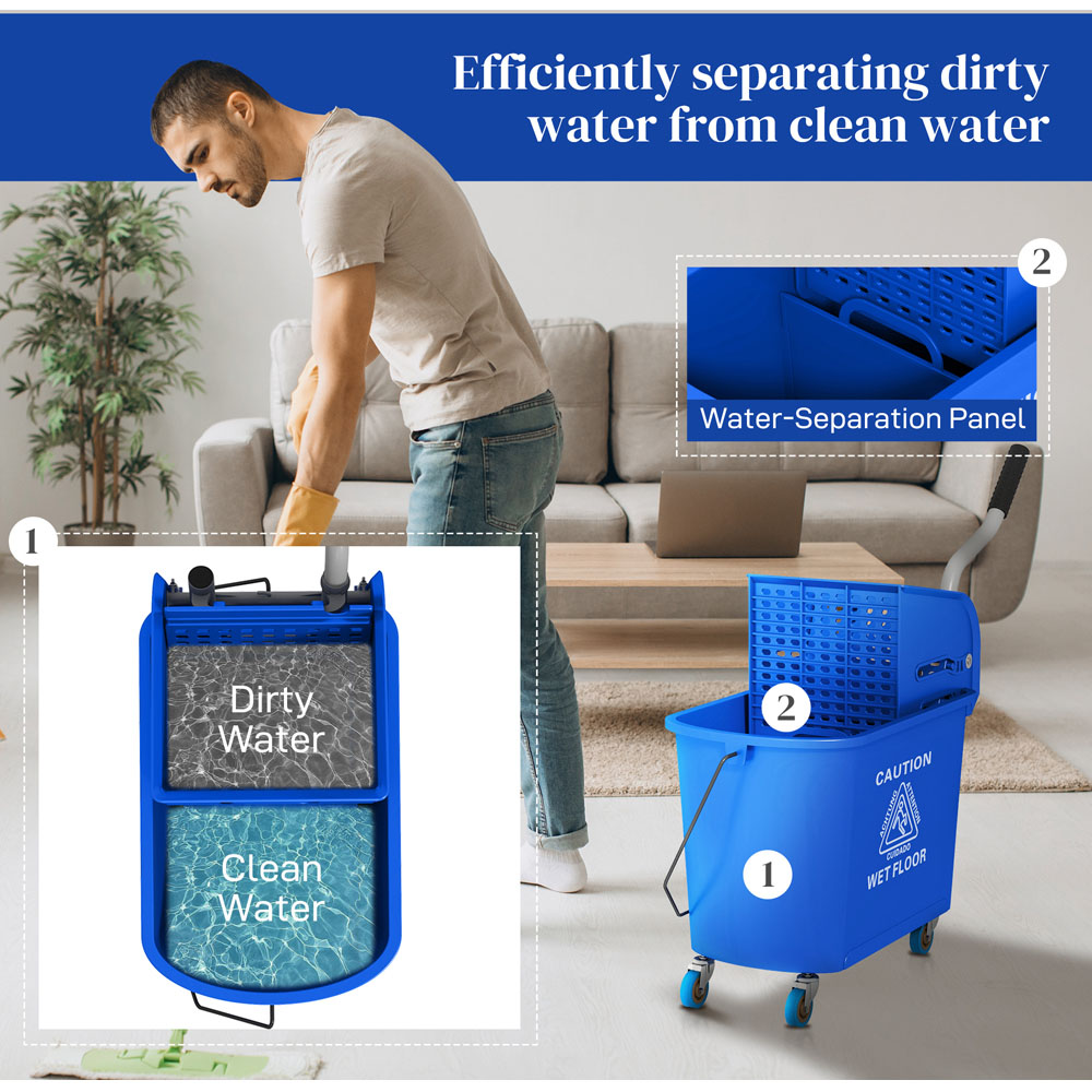 HOMCOM Blue Wringer Handle Mop and Bucket Set on Wheels 20L Image 5