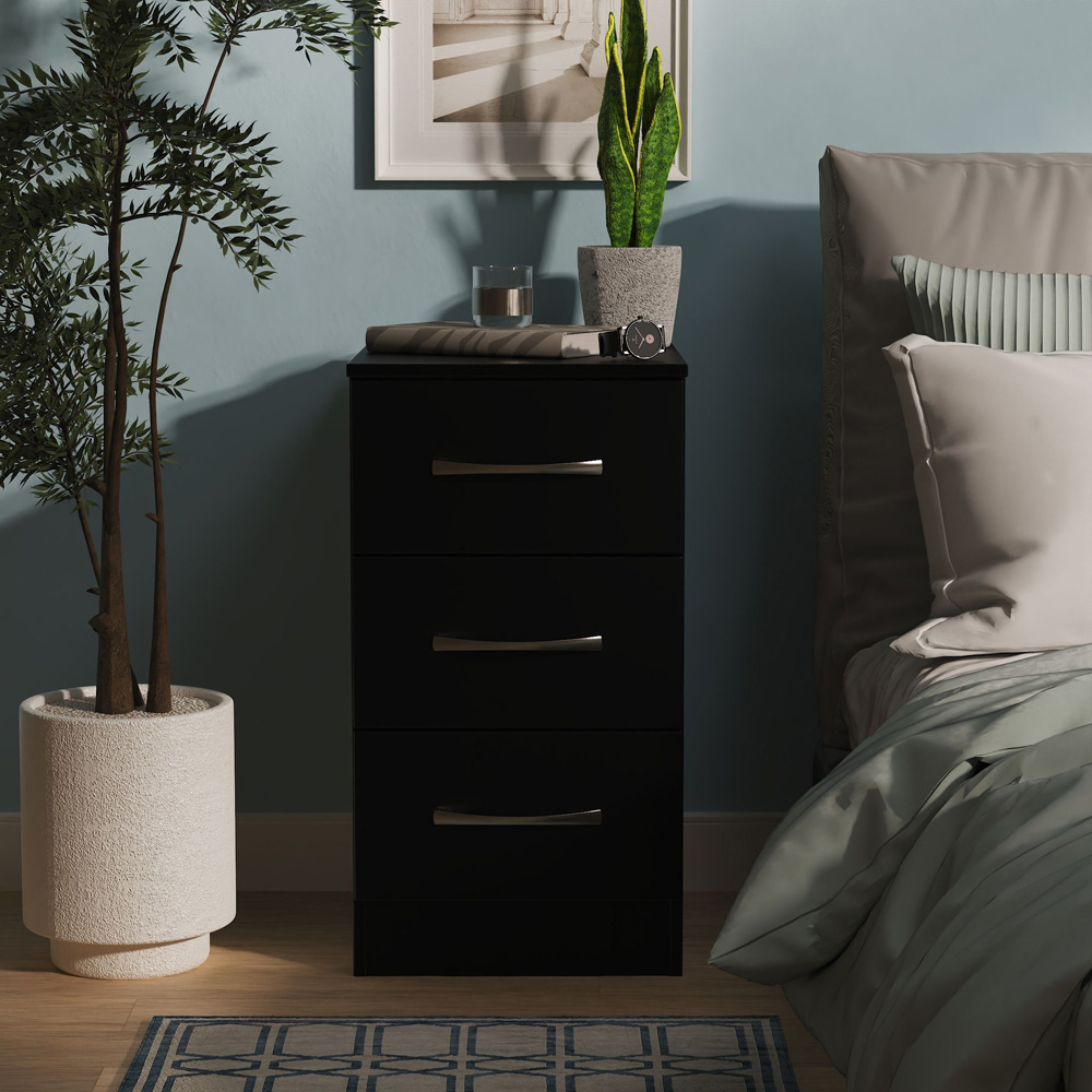 Crowndale Avon 3 Drawer Black Matt Bedside Cabinet Ready Assembled Image 7