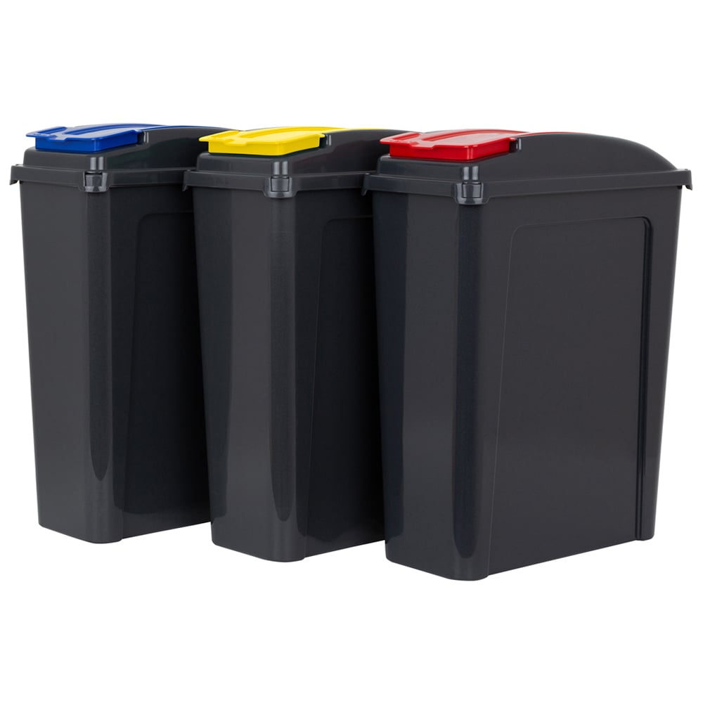 Wham 3 Piece 25L Plastic Recycle Bin Graphite/Asst Red/Blue/Yellow Lids Image 1
