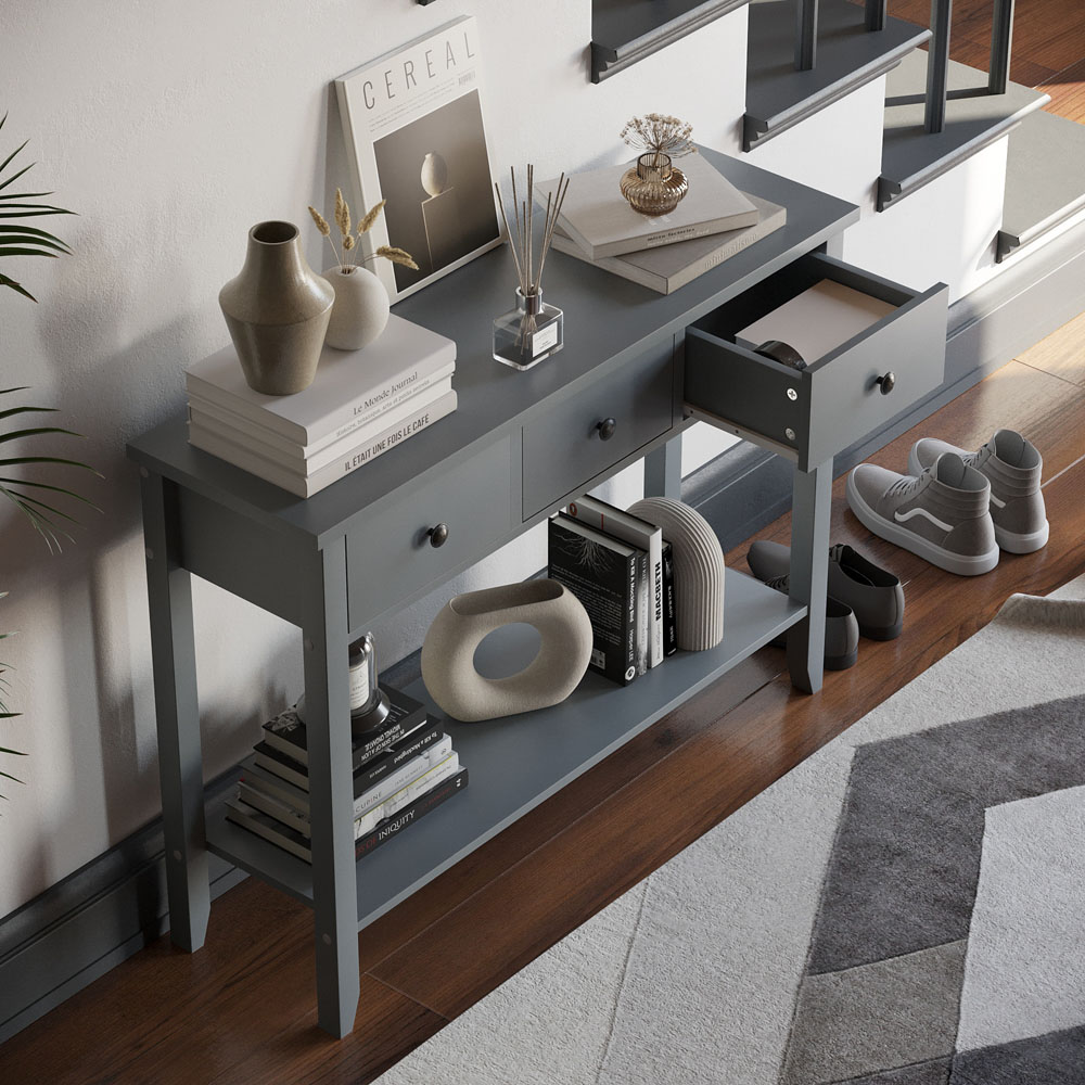 Home Vida Windsor Grey 3-Drawer Console Table with Shelf | Wilko