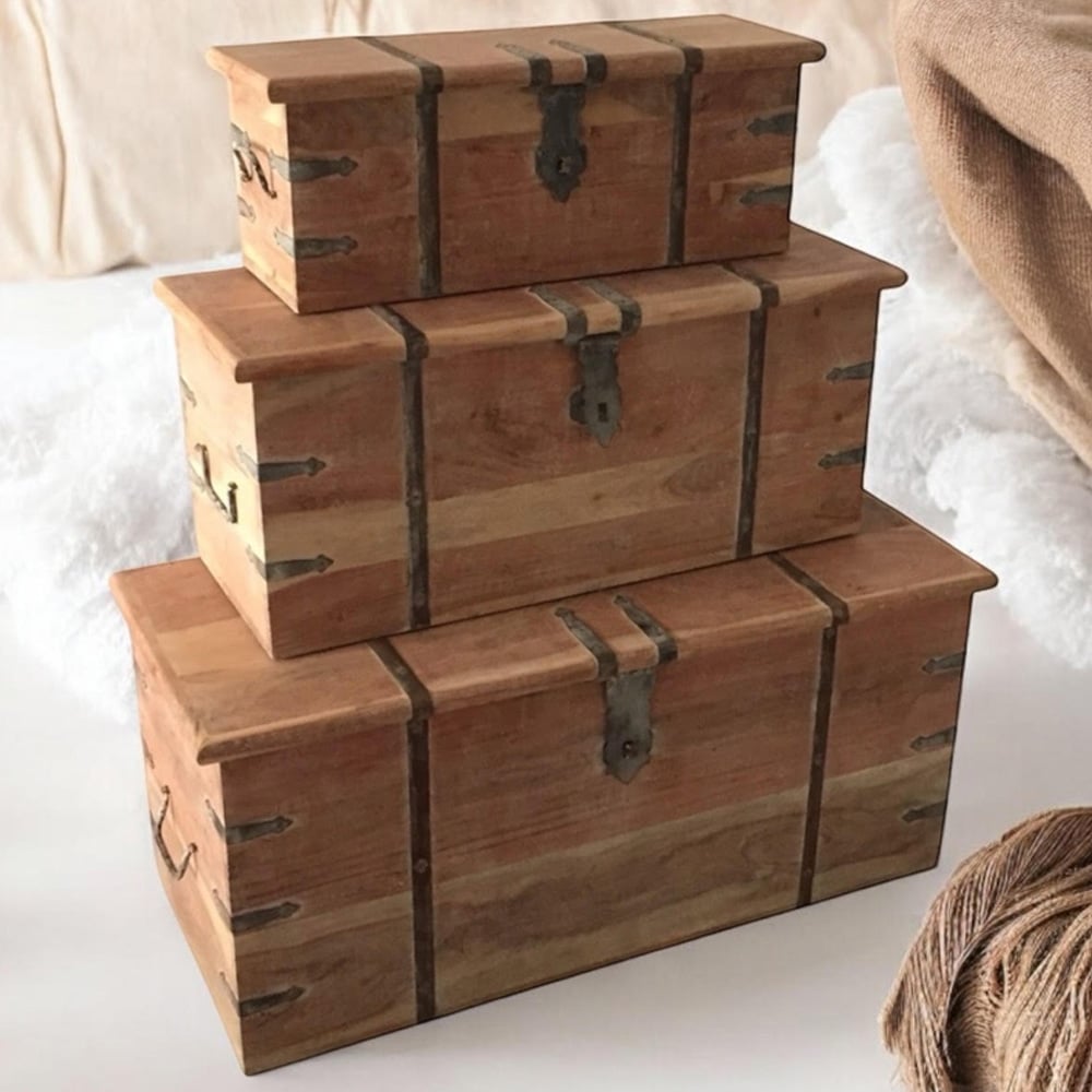 Acacia Home Brown Wooden Chest 101cm Set of 3 Image 1