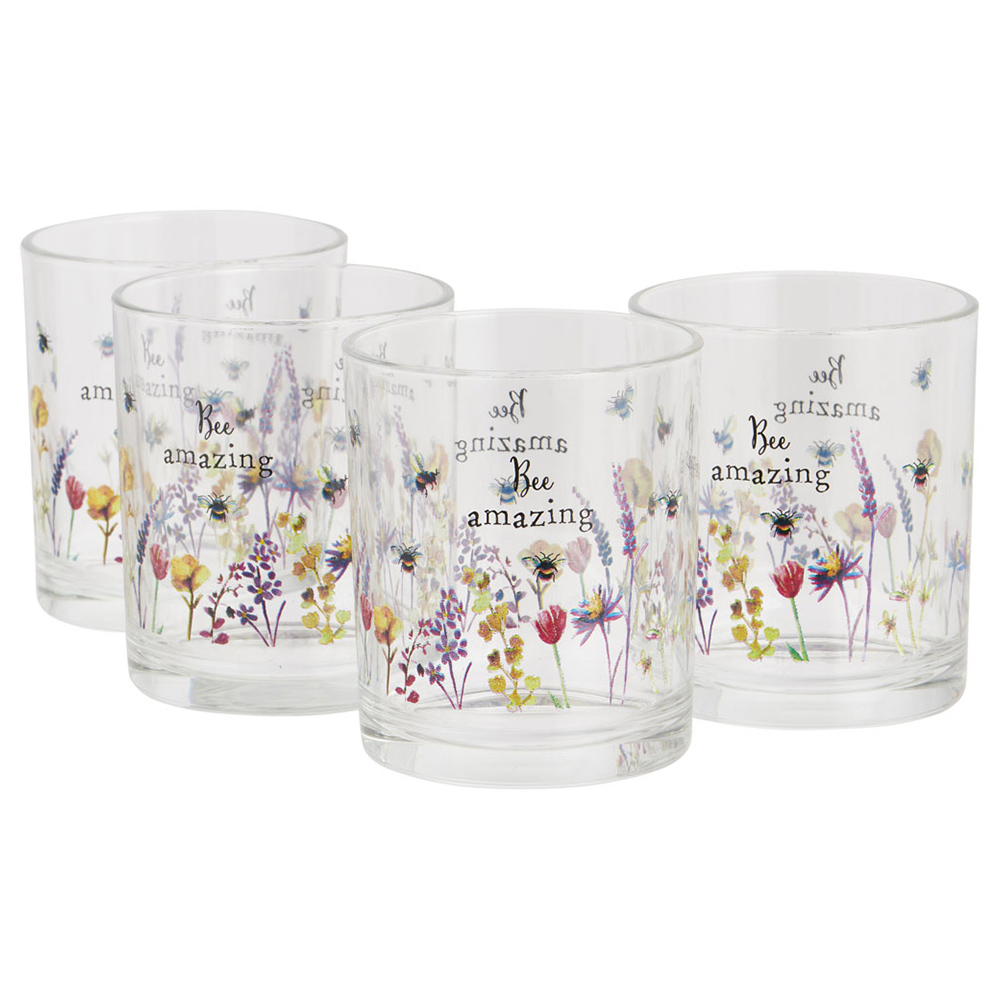 Wilko Bumble Bee Floral Glass Tumbler 4 Pack Image 1