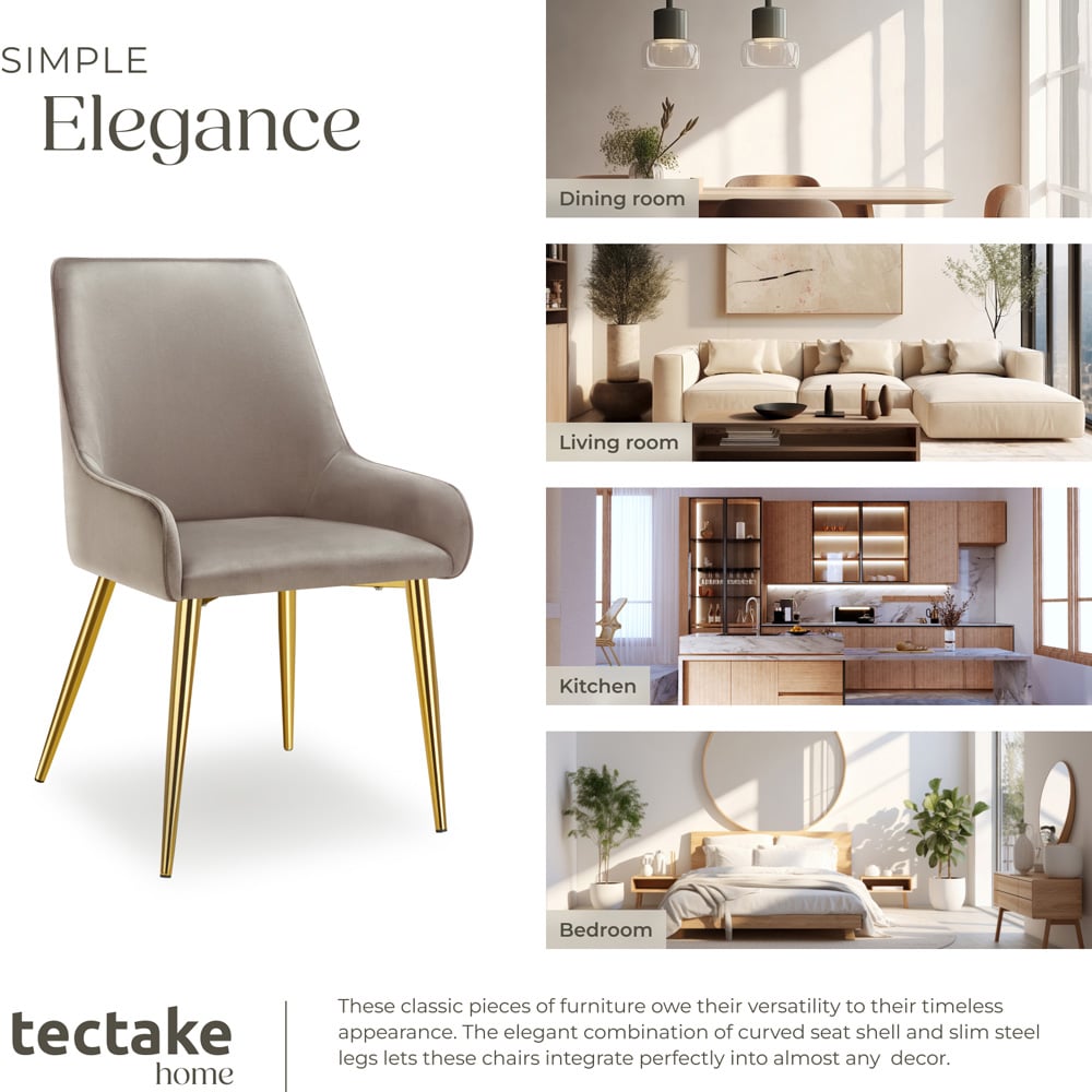 Tectake Avane Set of 4 Taupe Velvet Padded High Backrest Dining Chair Image 7