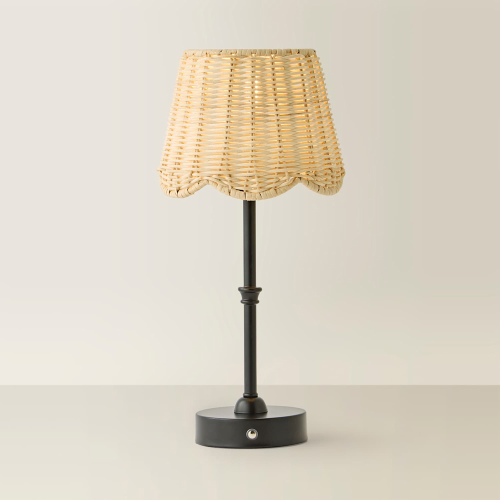 ValueLights Lowe Natural Rattan Taper Shade Matte Black Rechargeable Table Lamp with Bulb Image 3