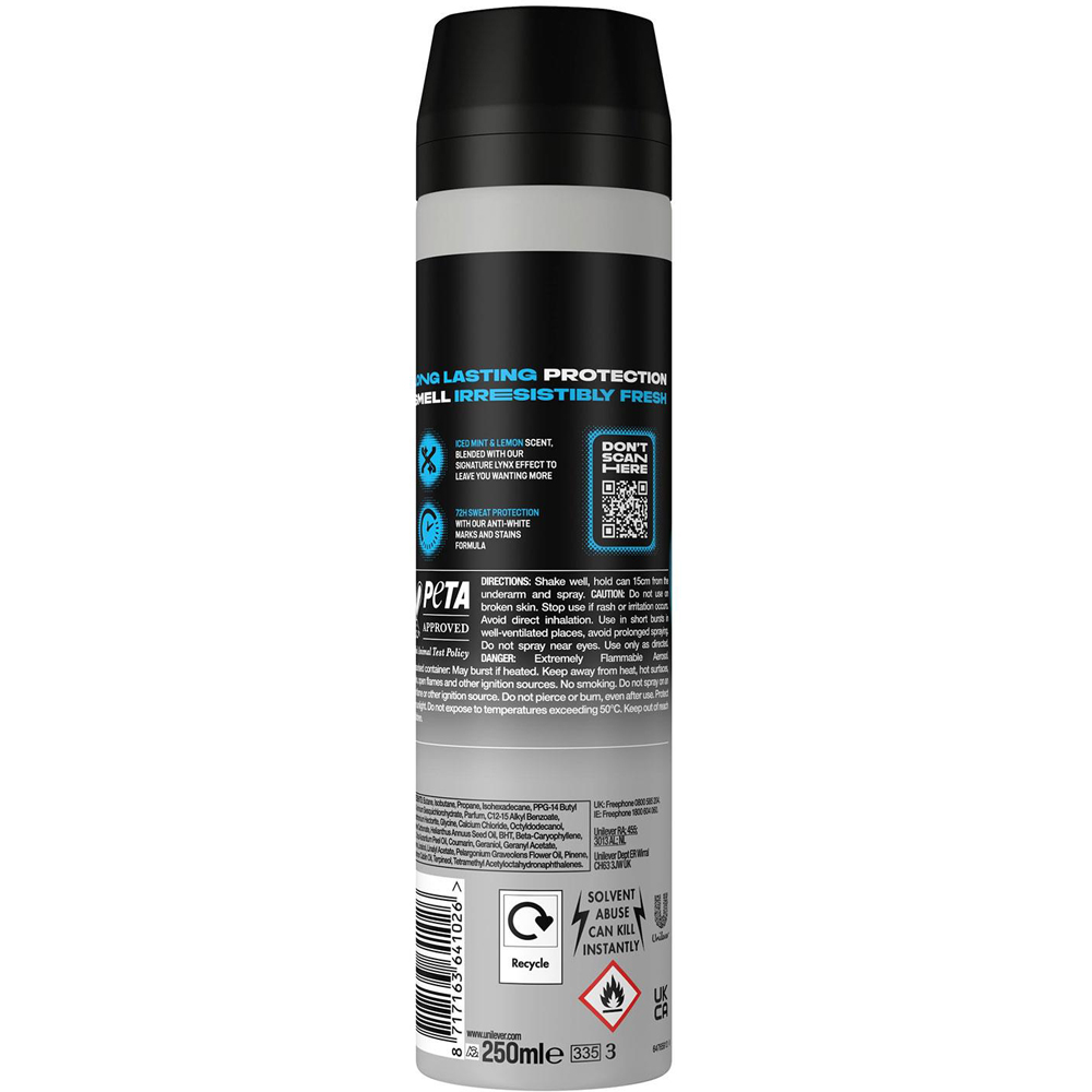 Lynx Ice Chill Iced Mint and Lemon 72H Protection Anti-Perspirant Deodorant Spray 250ml 3 Pack Image 3