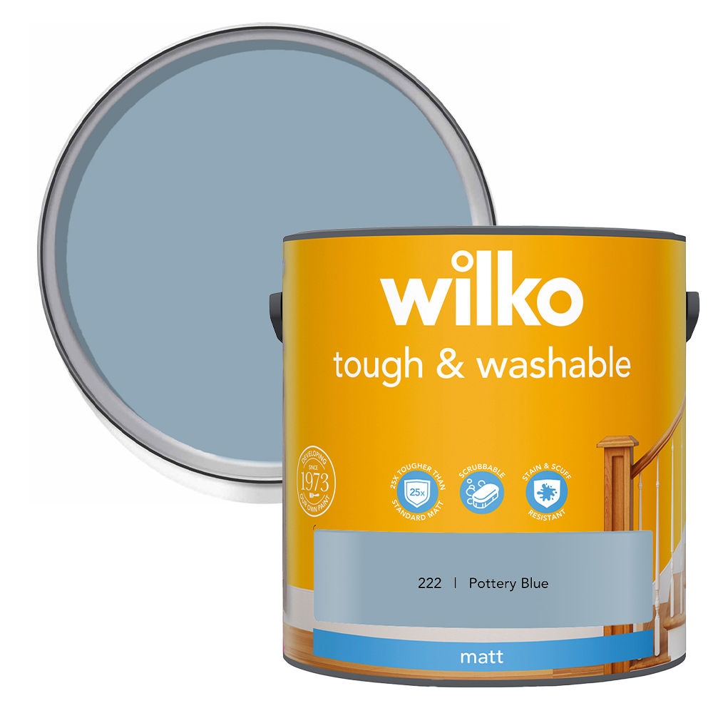 Wilko Tough & Washable Pottery Blue Matt Emulsion Paint 2.5L Image 1