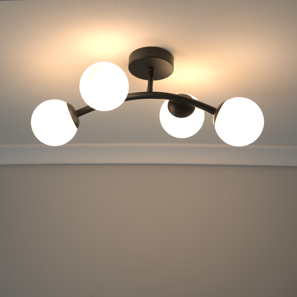 ValueLights Jas Black 4 Way Opal White Frosted Glass Globe Shade LED Ceiling Light Image 2