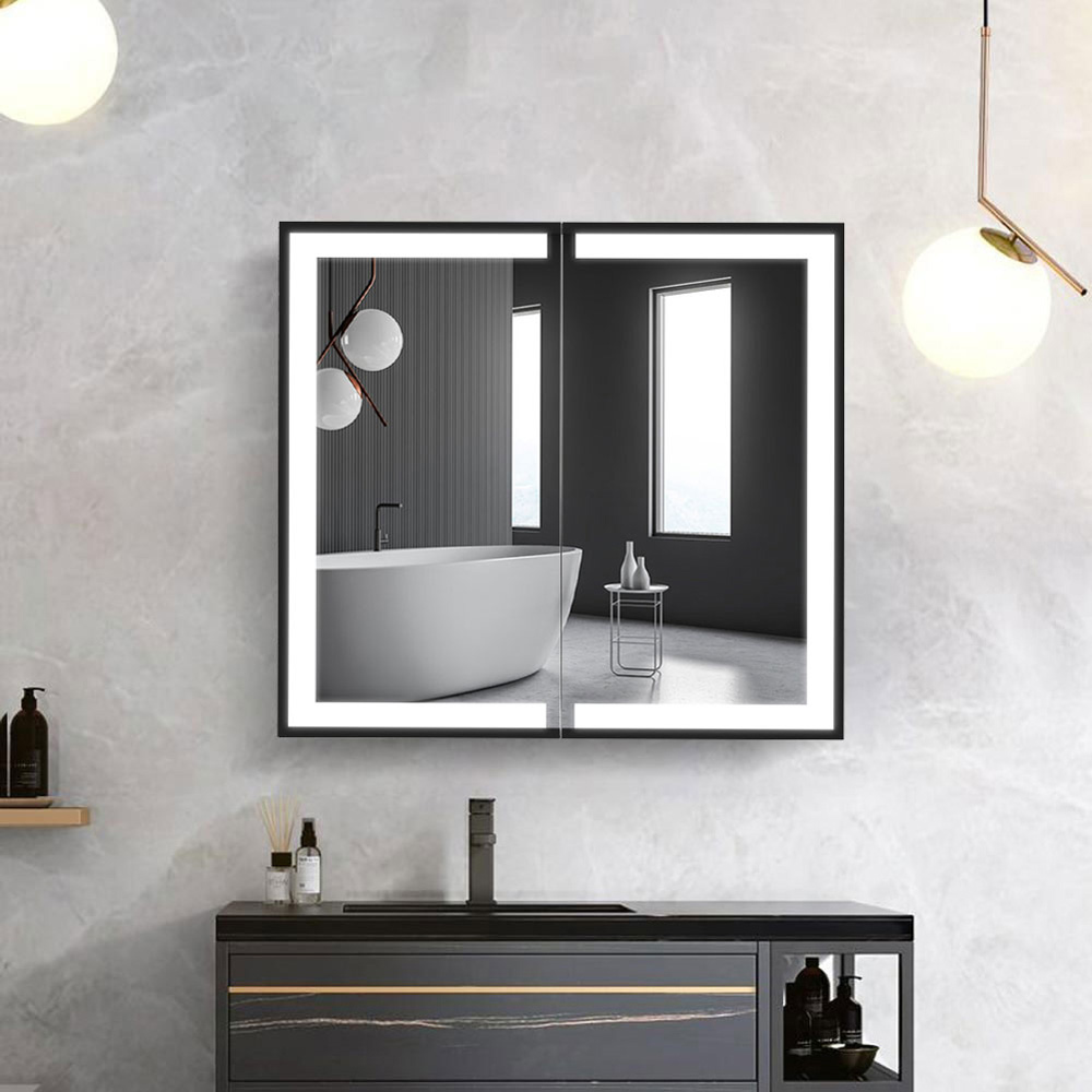 Living and Home Black Framed LED Mirror Bathroom Cabinet Image 7