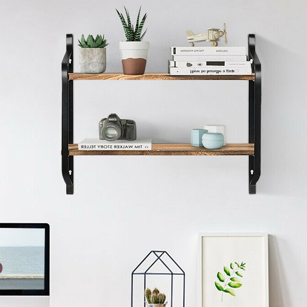 Living And Home WH0948 Wood Metal Frame & Wood 2-Tier Wall Mounted Floating Shelf Image 2