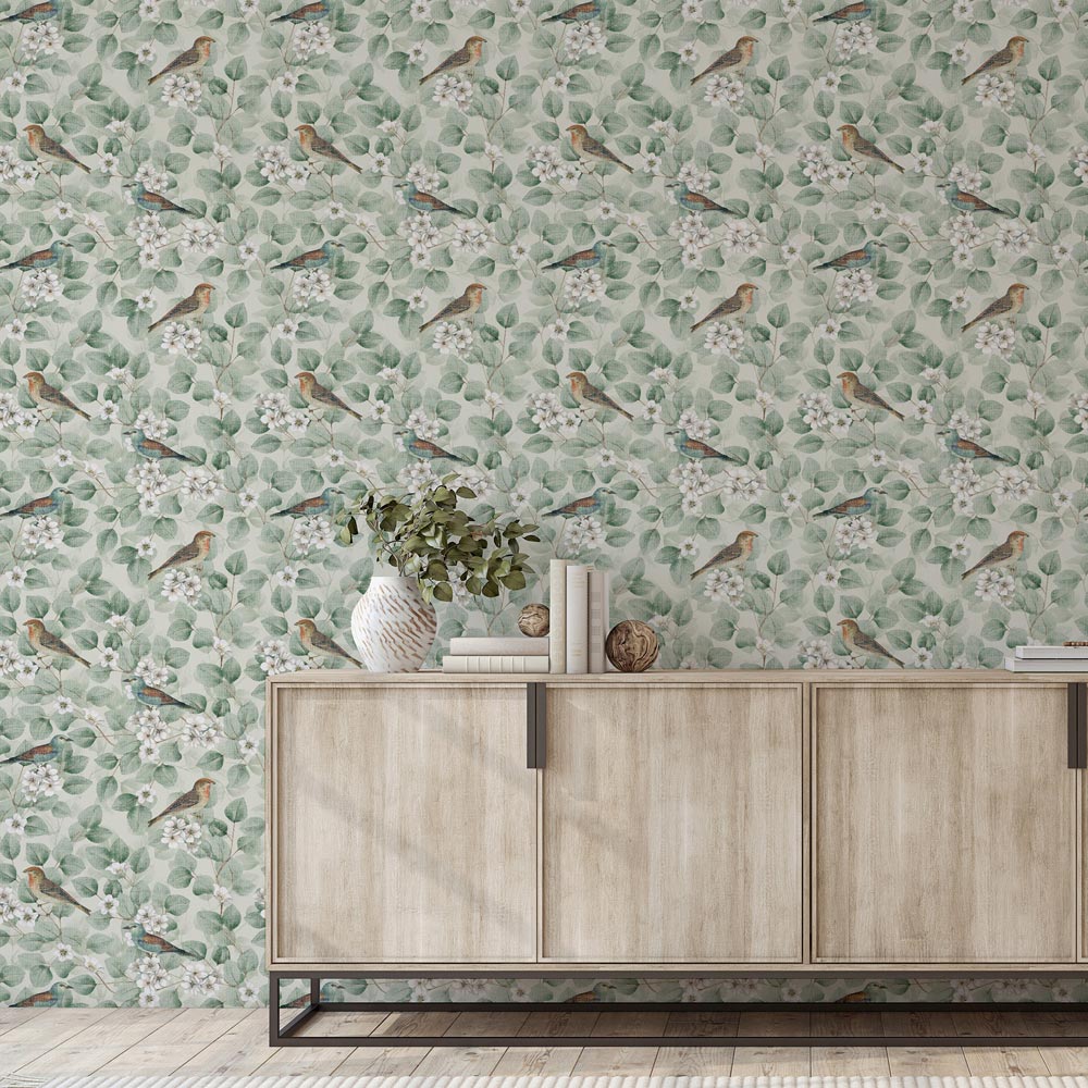 Arthouse Birds and Blossom Green Wallpaper Image 3