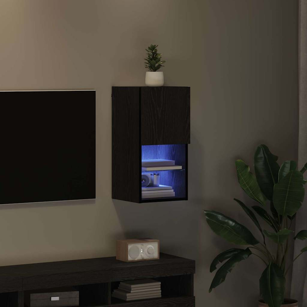 vidaXL Single Door 2 Shelf Black Oak Wall Mounted LED TV Unit Image 9