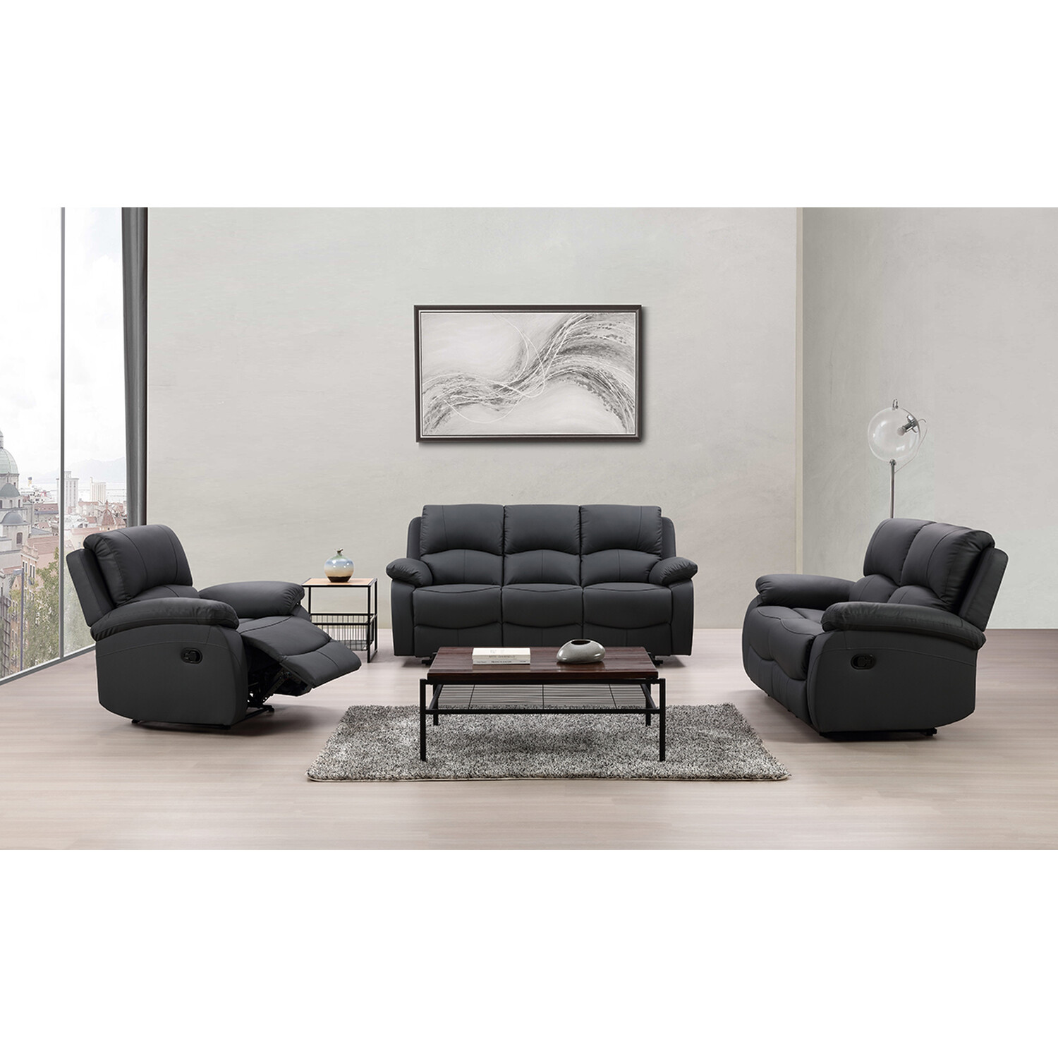 Milano 2 Seater Dark Grey Leather Manual Recliner Sofa Image 4