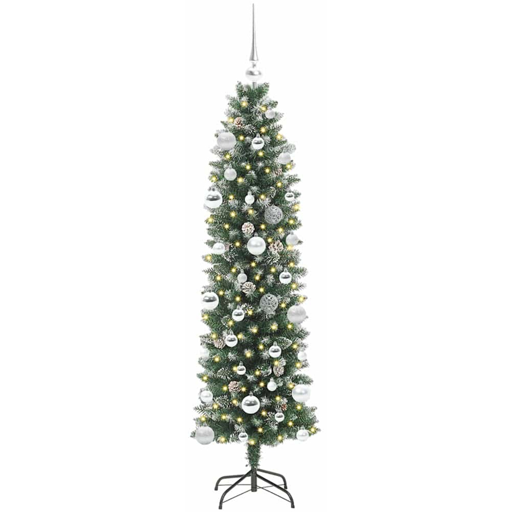 vidaXL Pre-Lit Warm White LED and Silver Baubles Green Slim Artificial Christmas Tree 5ft Image 2