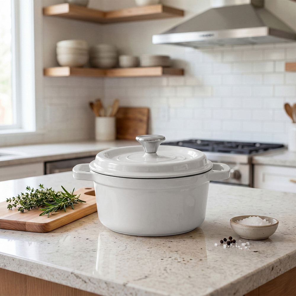 Living and Home 2.8L Beige White Enamelled Cast Iron Dutch Oven Image 2