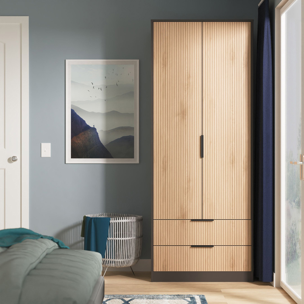 Crowndale Hong Kong 2 Door 2 Drawer Slatt Effect and Graphite Tall Wardrobe Ready Assembled Image 9