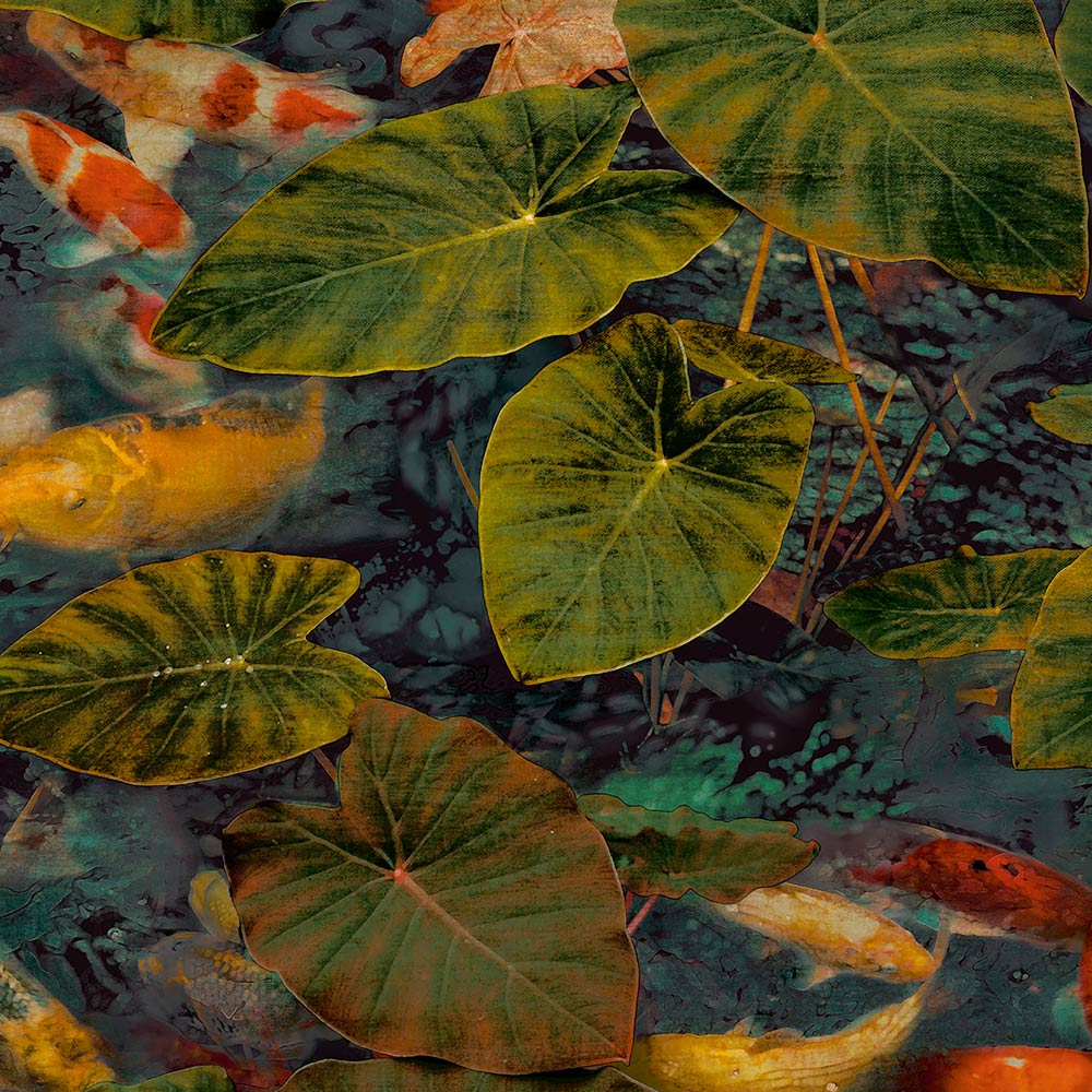 Grandeco Koi Lily Pond Green and Orange Wallpaper Image 1