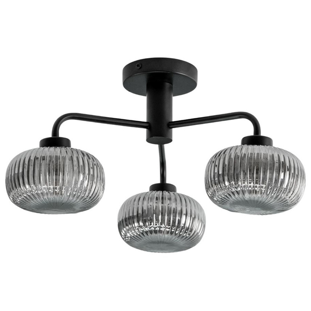 ValueLights Amaia Matt Black 3 Way Smoked Ribbed Glass LED Ceiling Light Image 1