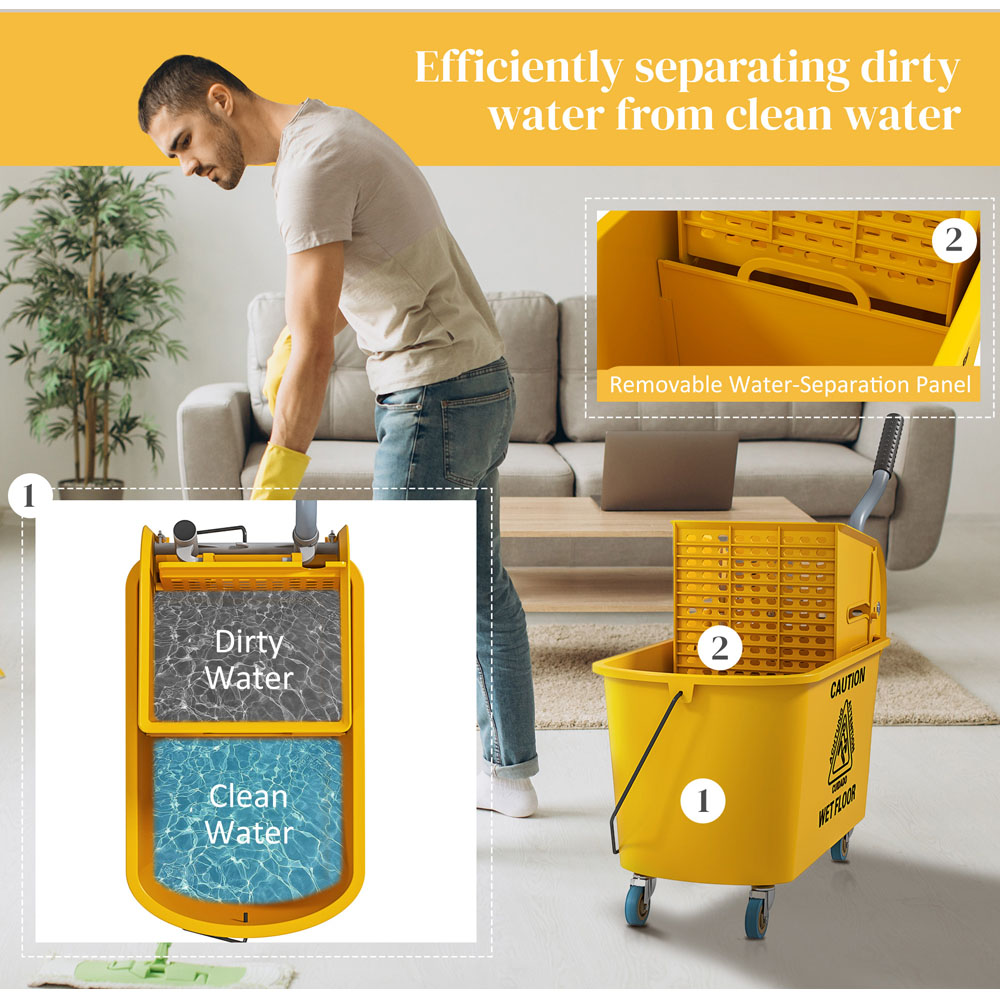 HOMCOM Yellow Mop Bucket with Wheels and Wringer 20L Image 4