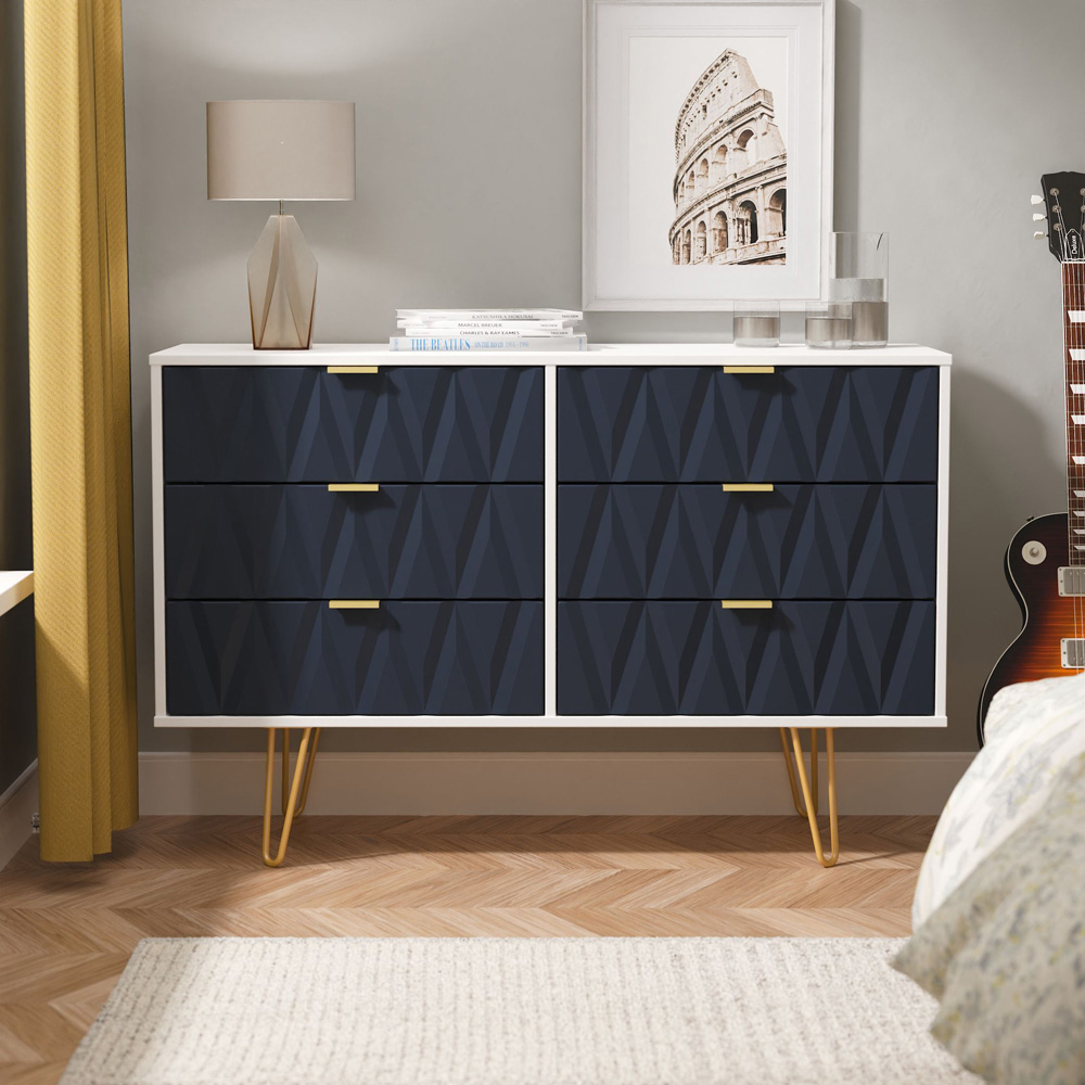 Crowndale Diamond 6 Drawer Indigo Matt and White Wide Chest of Drawers Ready Assembled Image 7