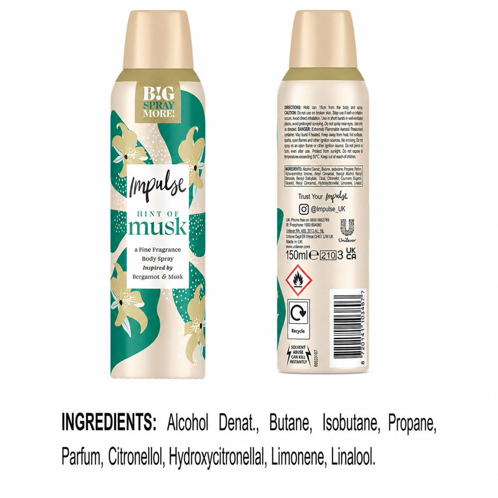 Impulse Hint of Musk and Blend of Natural Scents Body Spray Deodorant 150ml 6 Pack Image 8