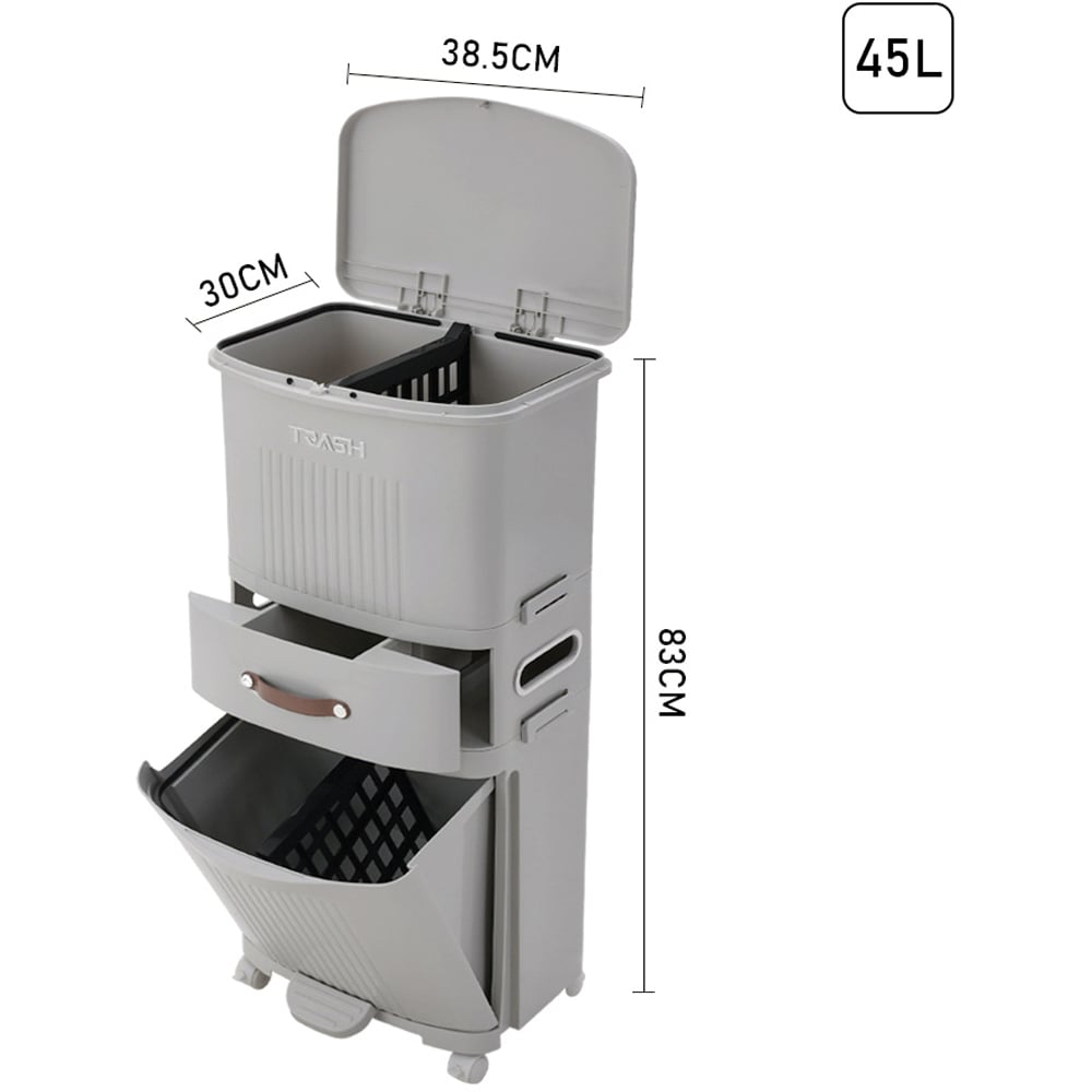 Living and Home 3 Tier Grey Dry Wet Trash Bin with Divider 45L Image 8