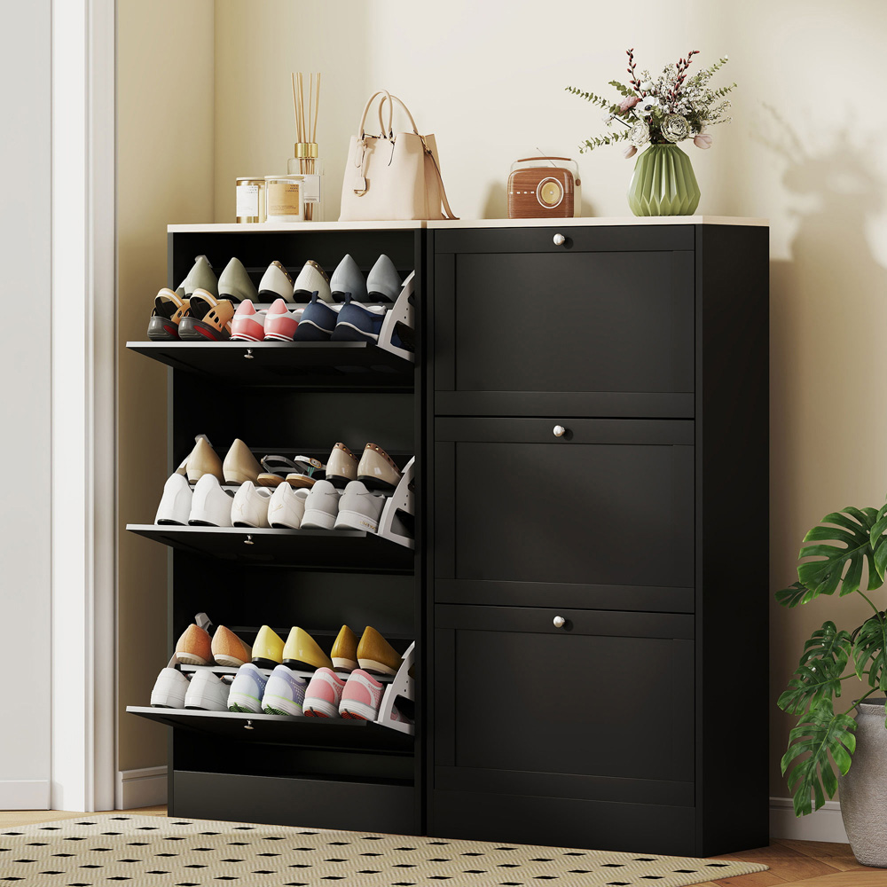 Portland 3 Flip Drawer Black Narrow Shoe Cabinet Image 4
