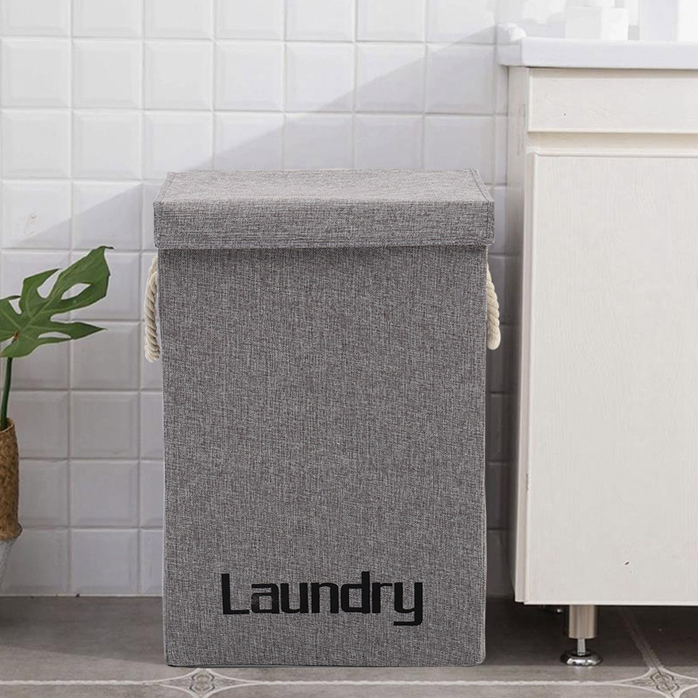 Living And Home WH0750 Grey Cotton Fabric Foldable Laundry Basket With Lid Image 5