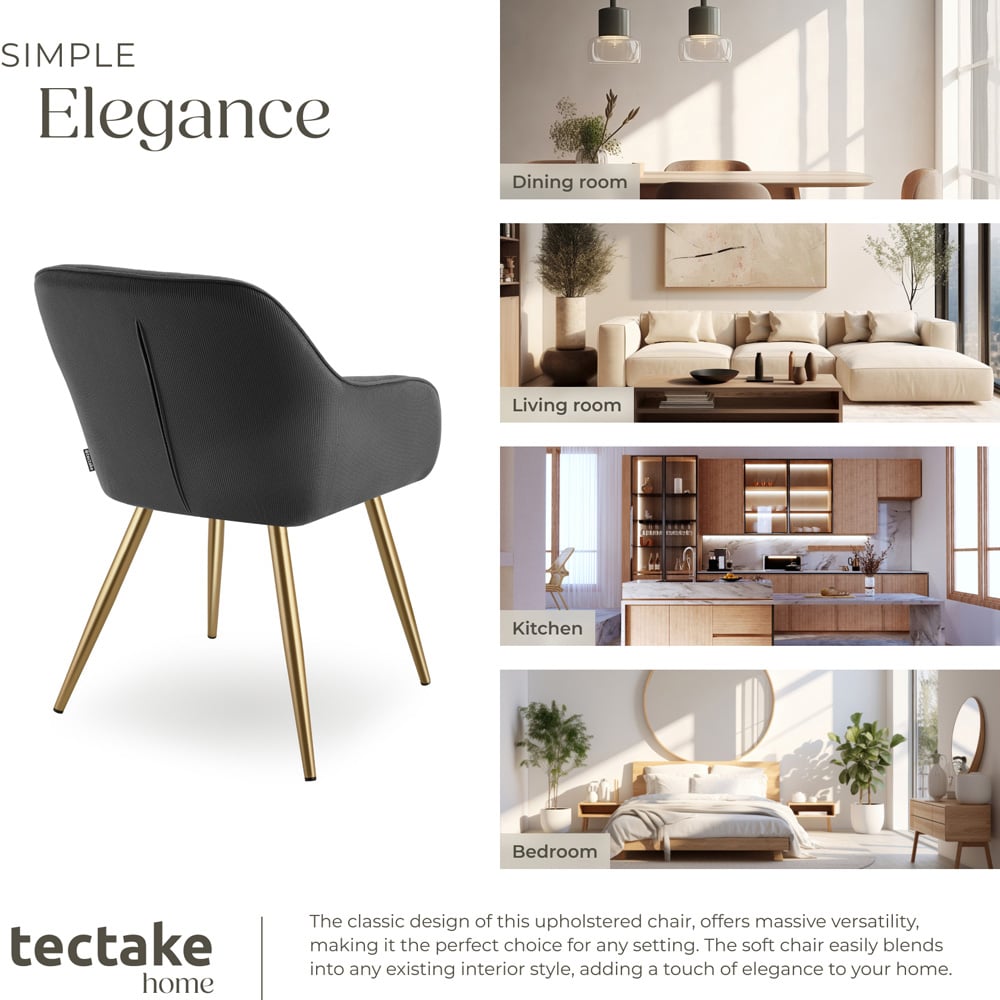 tectake Marilyn Set of 2 Anthracite and Gold Corduroy Padded Dining Chair Image 7