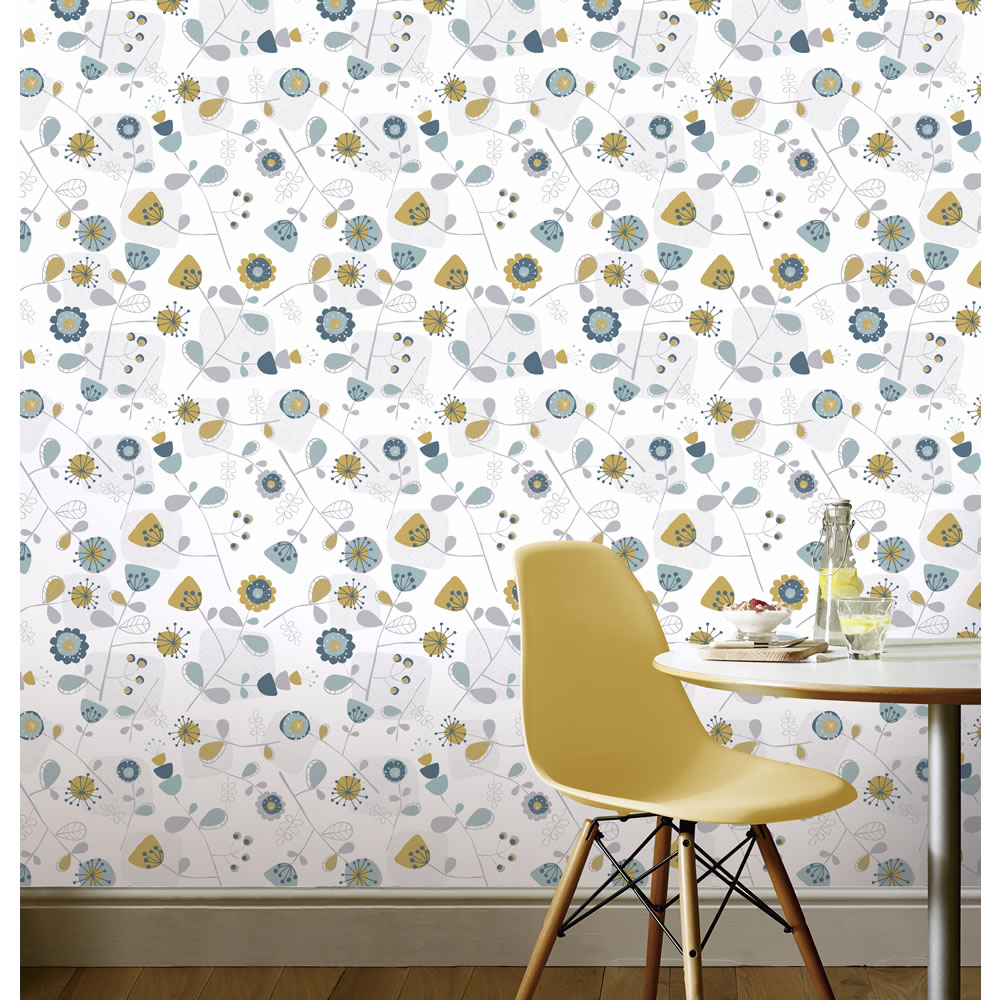 Wilko Wallpaper Floral Teal and Yellow Wilko