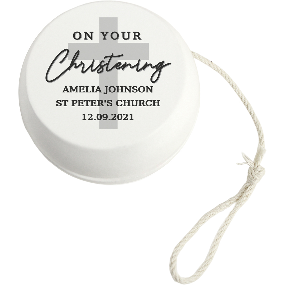 Personalised Memento Personalised On Your Christening White Wooden Yoyo Image 1