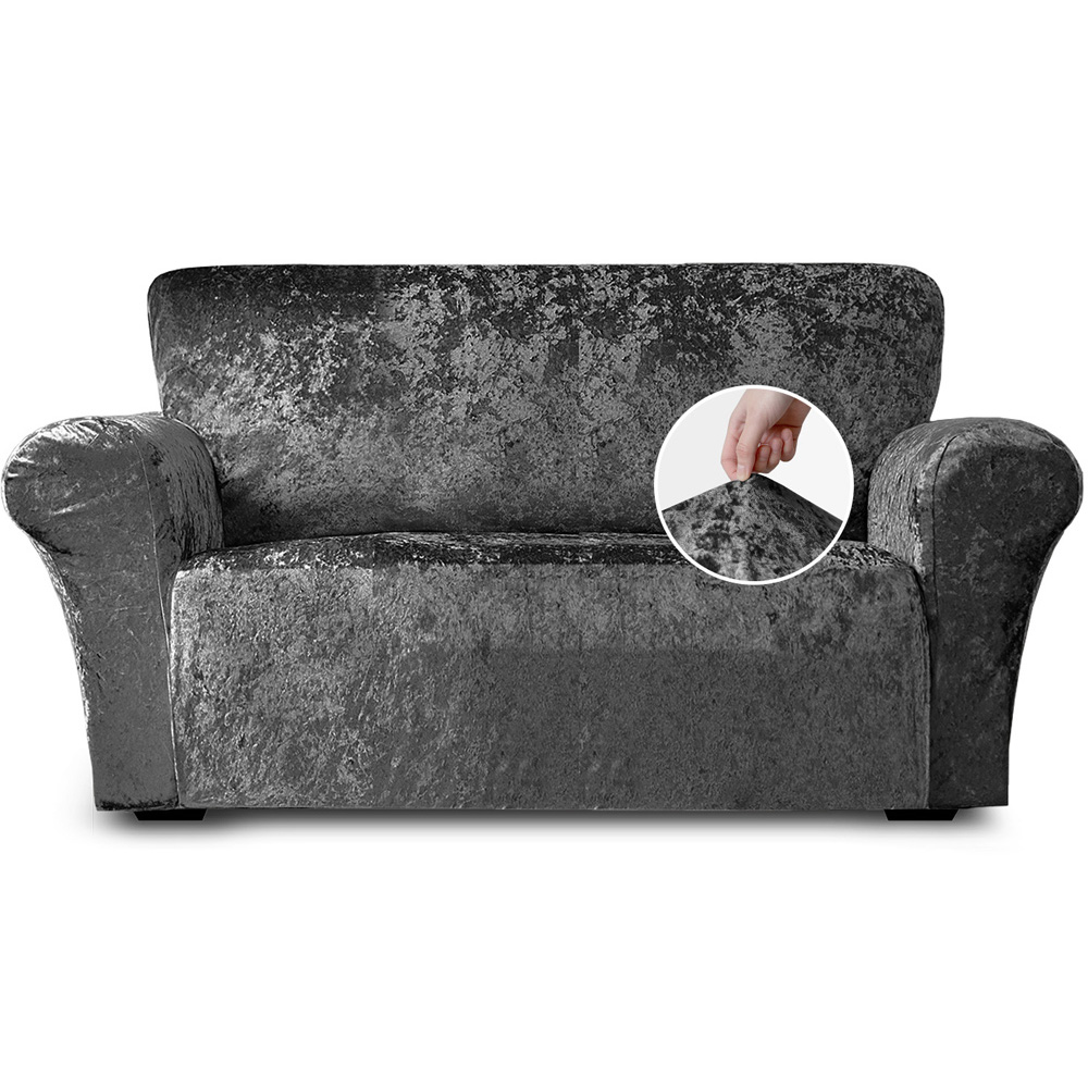 Homerepublic 2 Seater Charcoal Crushed Velvet Stretch Fit Sofa Cover Image 1