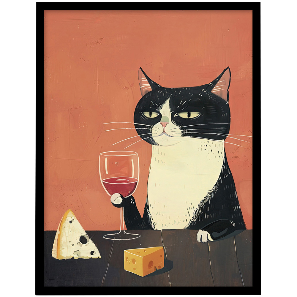 Artery8 Tuxedo Cat Drinking Wine Cheese Painting Framed Wall Art Print 30 x 41cm Image 1