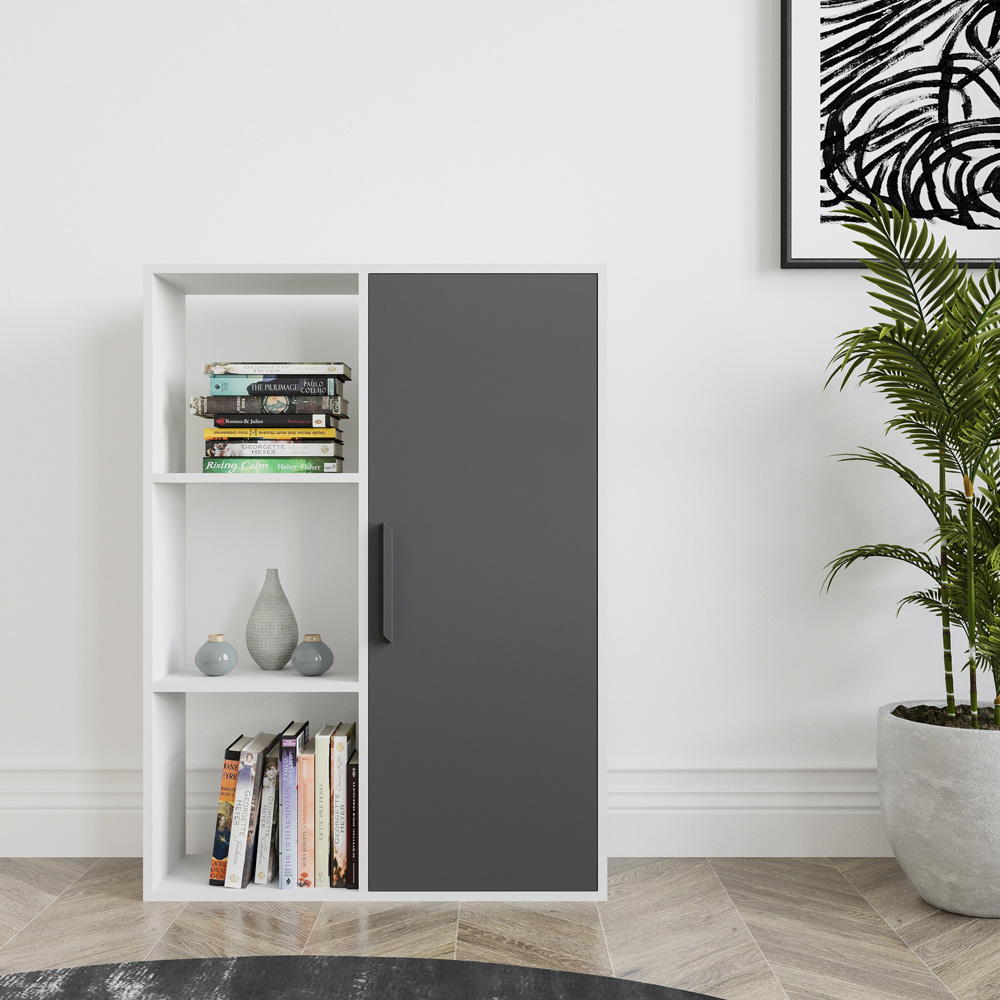 Decorotika Patrick Single Door 3 Shelf White and Anthracite Bookcase Image 4