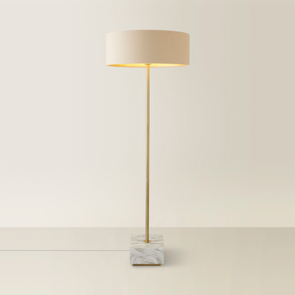 ValueLights Britney Natural Linen Drum Shade Marble LED Floor Lamp Image 5