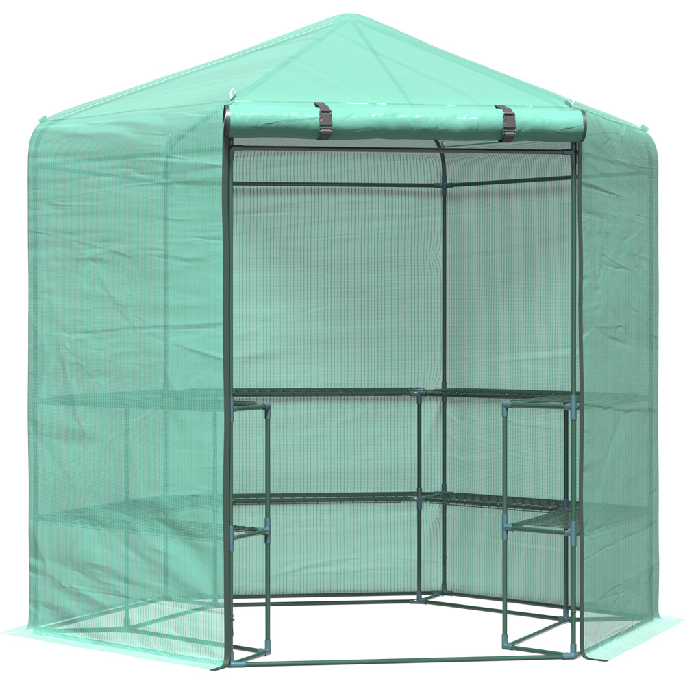 Outsunny 3 Tier Green 7.4 x 6.4ft Hexagon Greenhouse Image 1