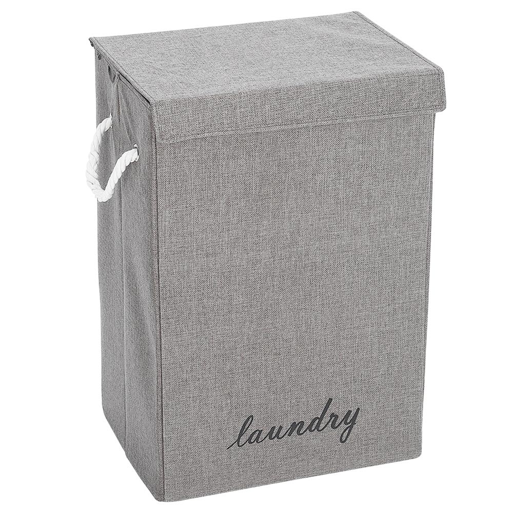 Living And Home WH0809 Grey Cotton Fabric Foldable Laundry Basket With Lid Image 1