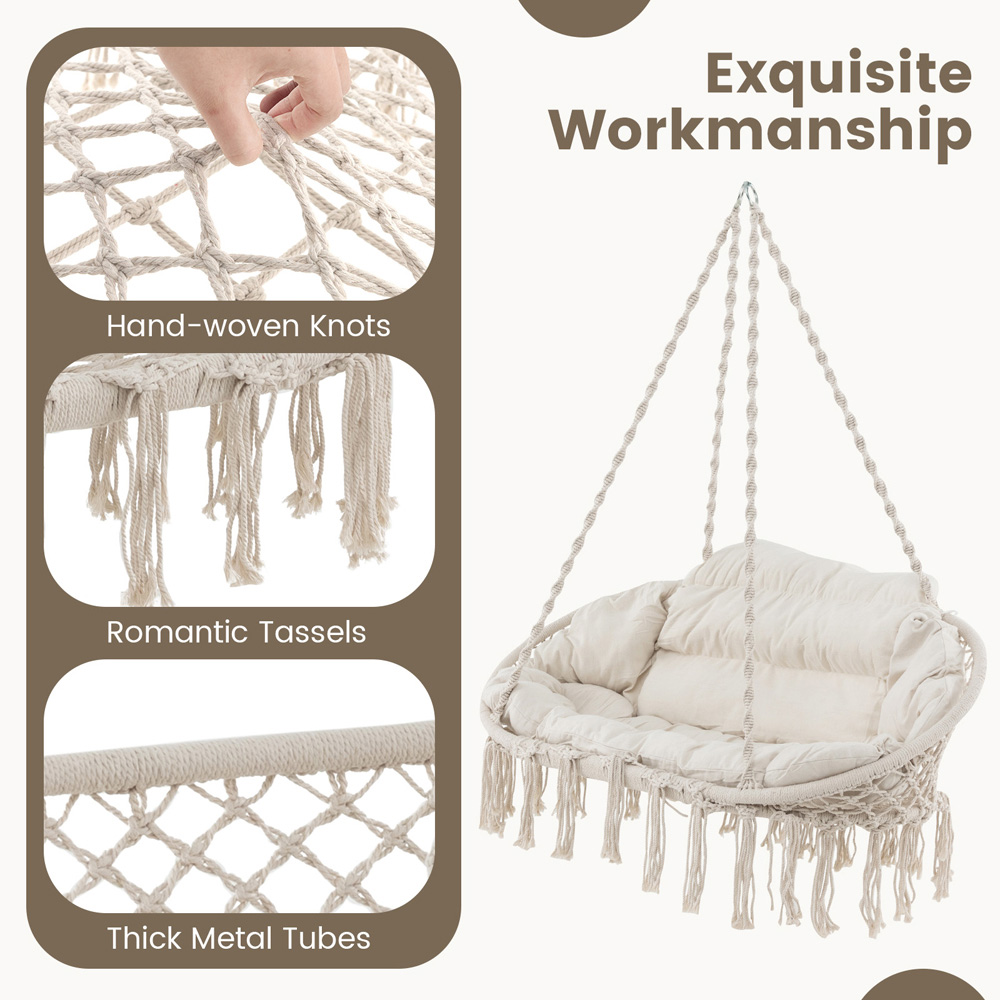 Costway Beige Hand Woven Rope Hanging Chair with Thick Cushion Image 5