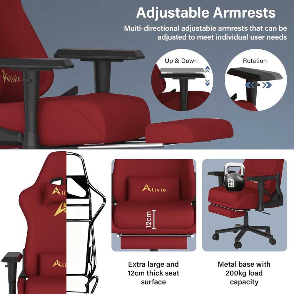 Alivio Red Velvet Reclining Gaming Chair with Lumbar and Headrest Support Image 7