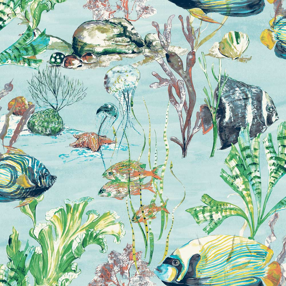 Grandeco Aquarium Fish Tank Light Teal Blue Wallpaper
