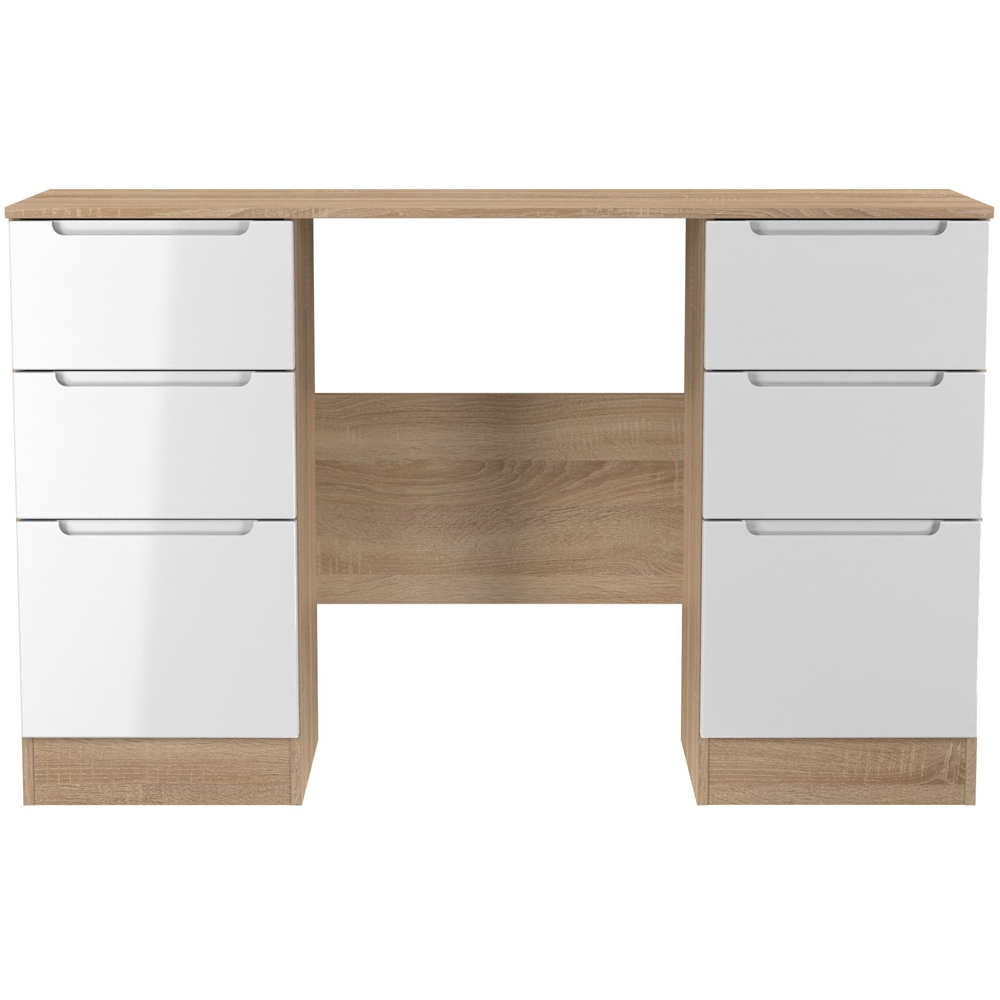 Crowndale Milan 6 Drawer White Gloss and Bardolino Oak Kneehole Desk Ready Assembled Image 3