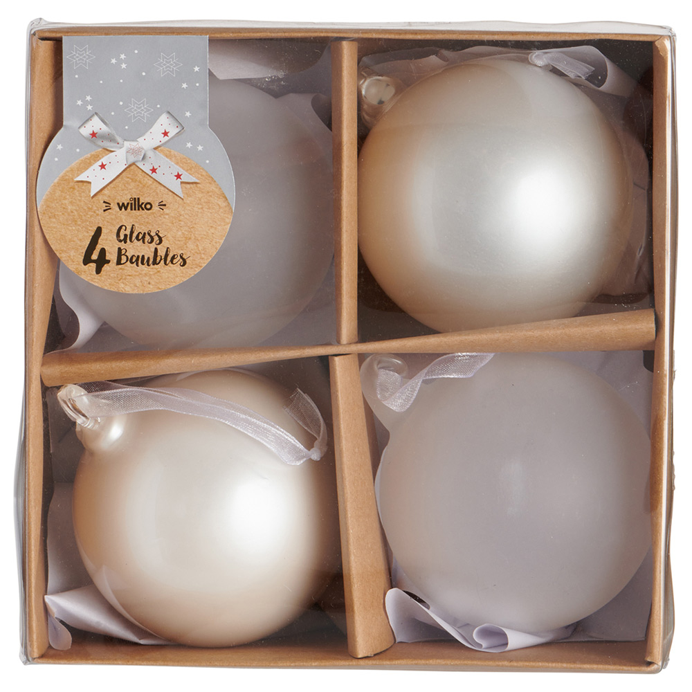Wilko 4 Pack Frost and White Glass Baubles Image 1